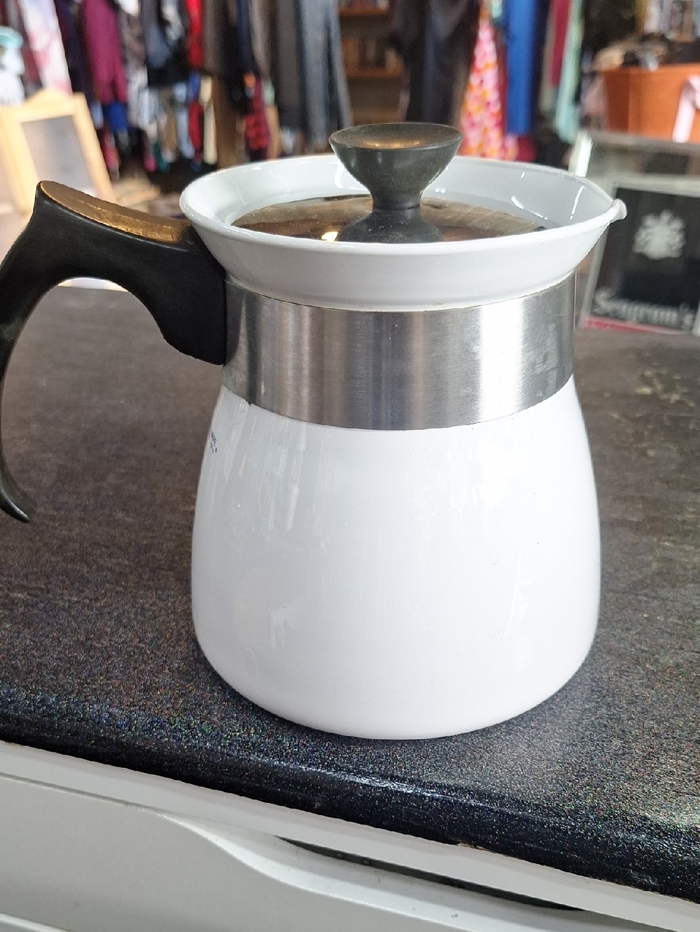 Corningware White and Black Stovetop Coffee Percolator with Stainless Accent
